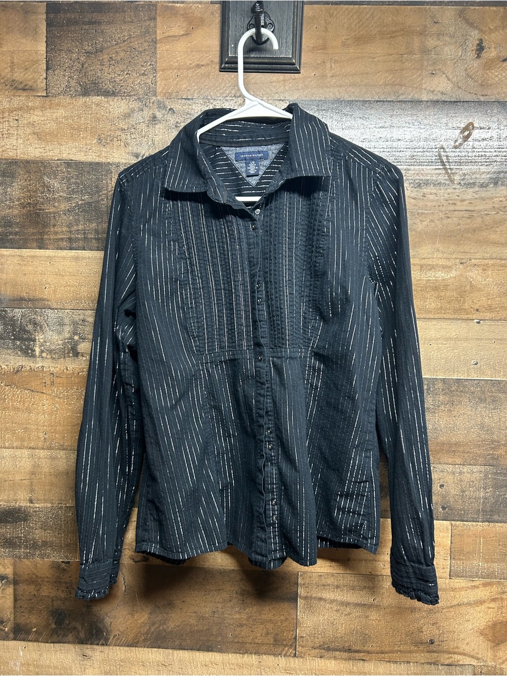 Tommy Hilfiger Black Button-Up Shirt Jacket with Silver Pinstripes